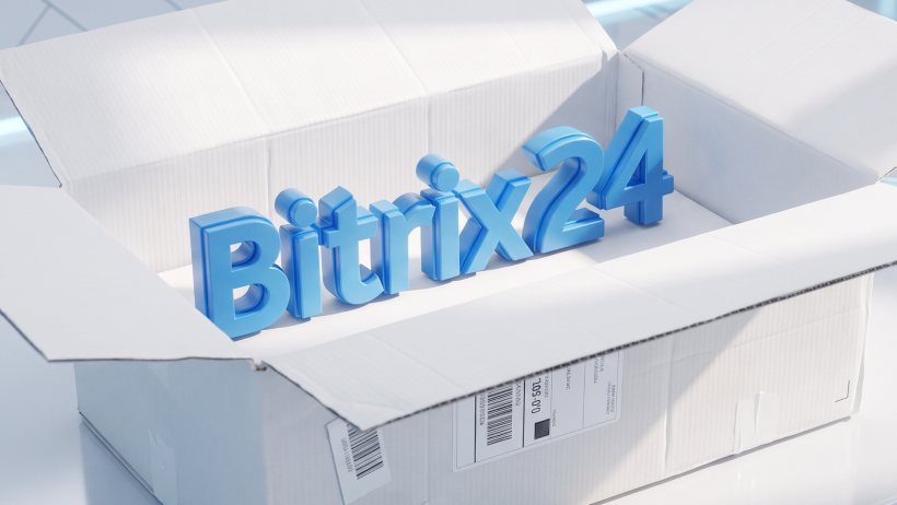 Объёмная надпись Bitrix24 в раскрытой картонной коробке