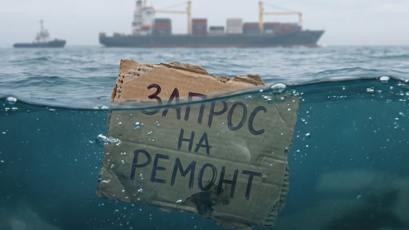 Судовой контейнер в воде с картонной табличкой «Запрос на ремонт»